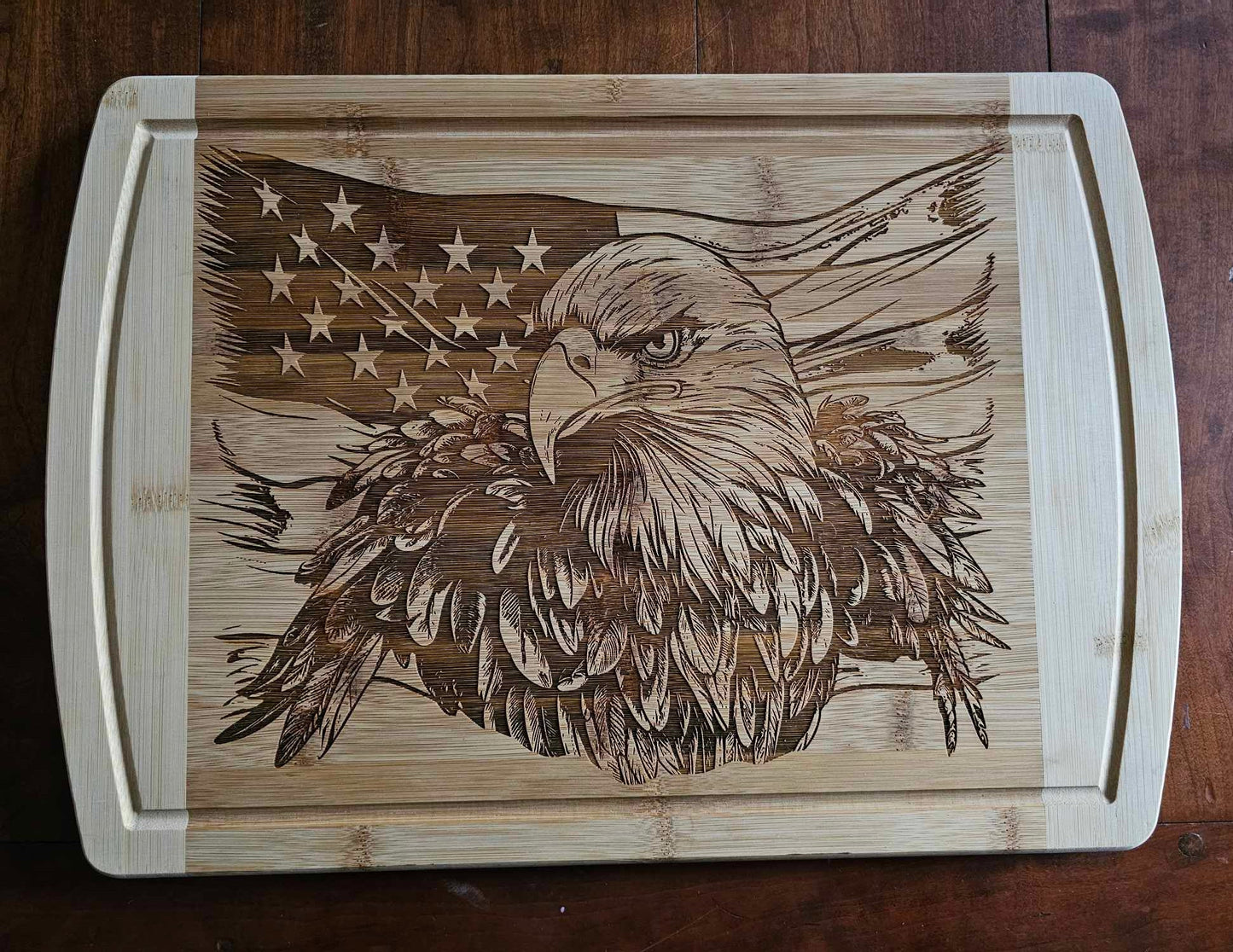 Bald Eagle and Flag, Rounded Engraved Cutting Board