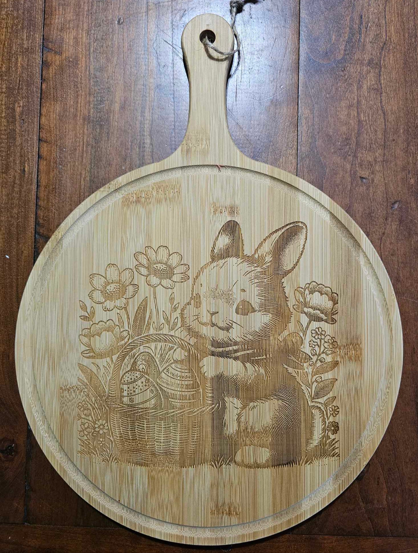 Easter Bunny, Engraved Round Cutting Board with Handle, Hangable